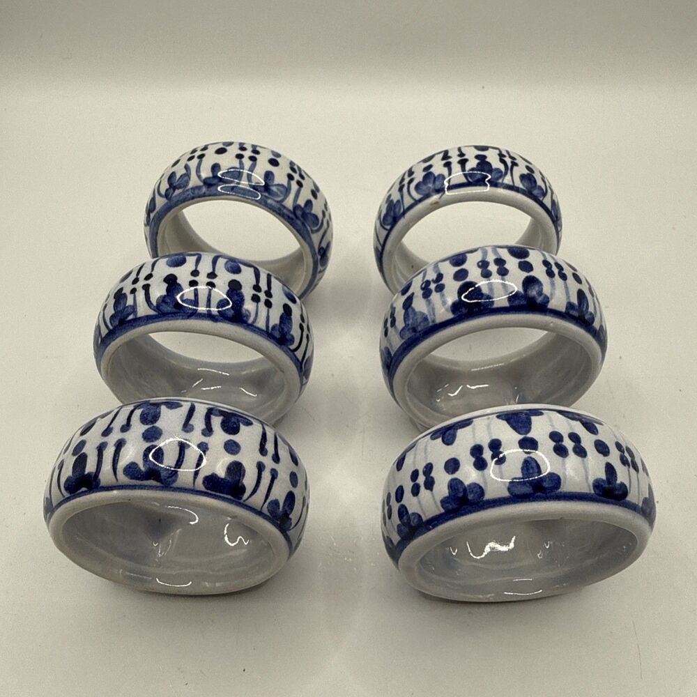 6 Vintage Porcelain Napkin Rings Blue Cobalt Hand Painted Made Philippines New